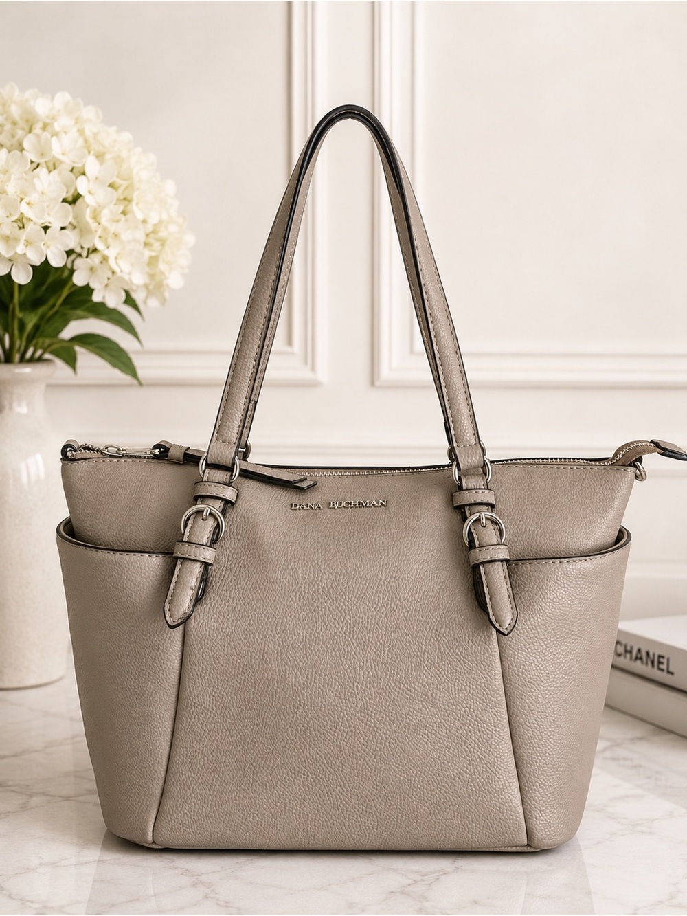 Dana Buchman gray Pebbled Leather Zip Top Tote Shoulder Work Laptop Bag